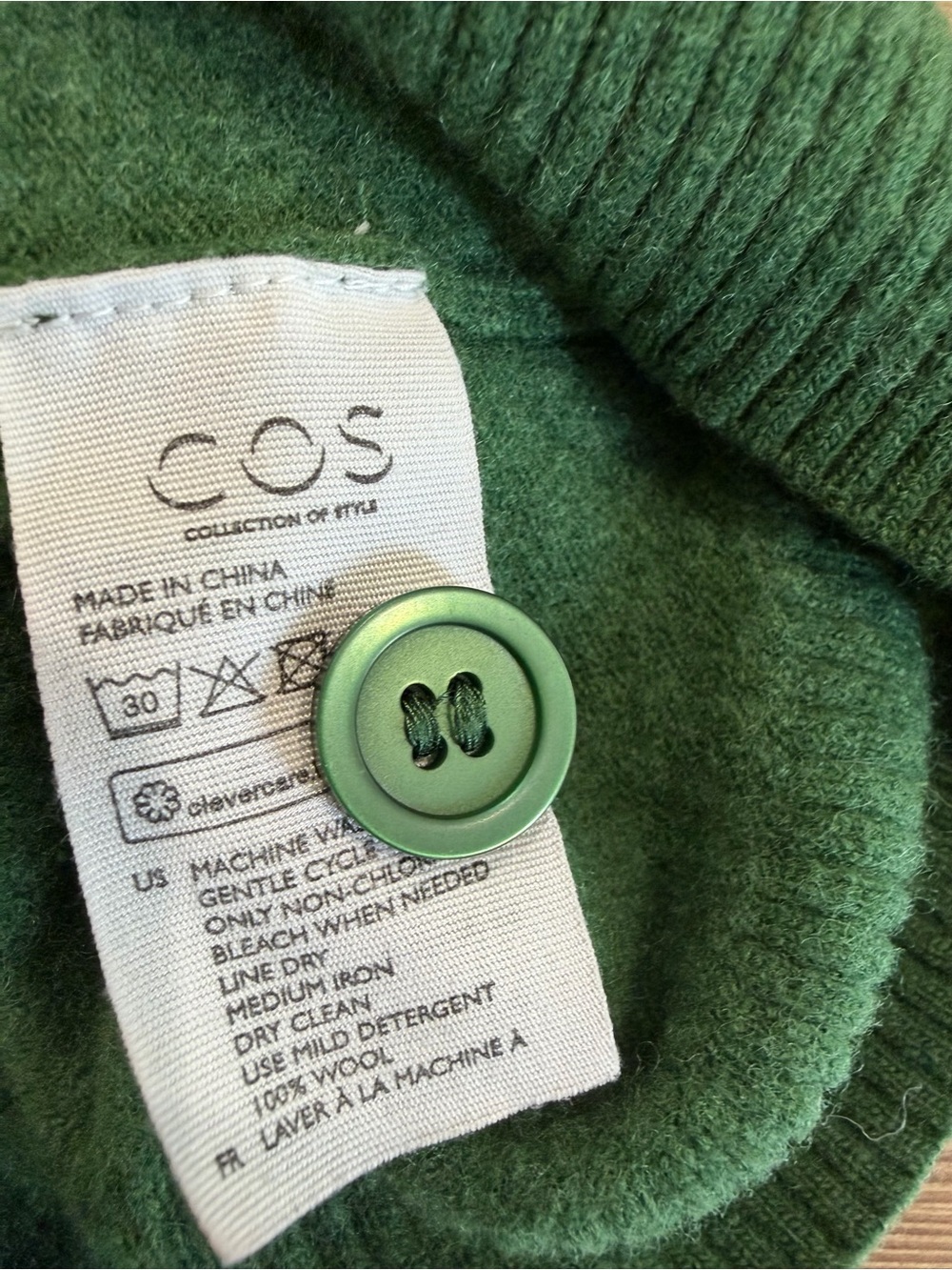 COS Women's Forest Green 100% Wool Cardigan Sweater Crew Neck Sz S Minimalist - Picture 4 of 8